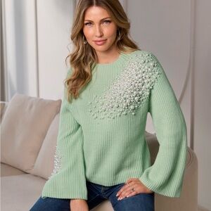 Boston Proper Light Green Sweater with Pearl Details